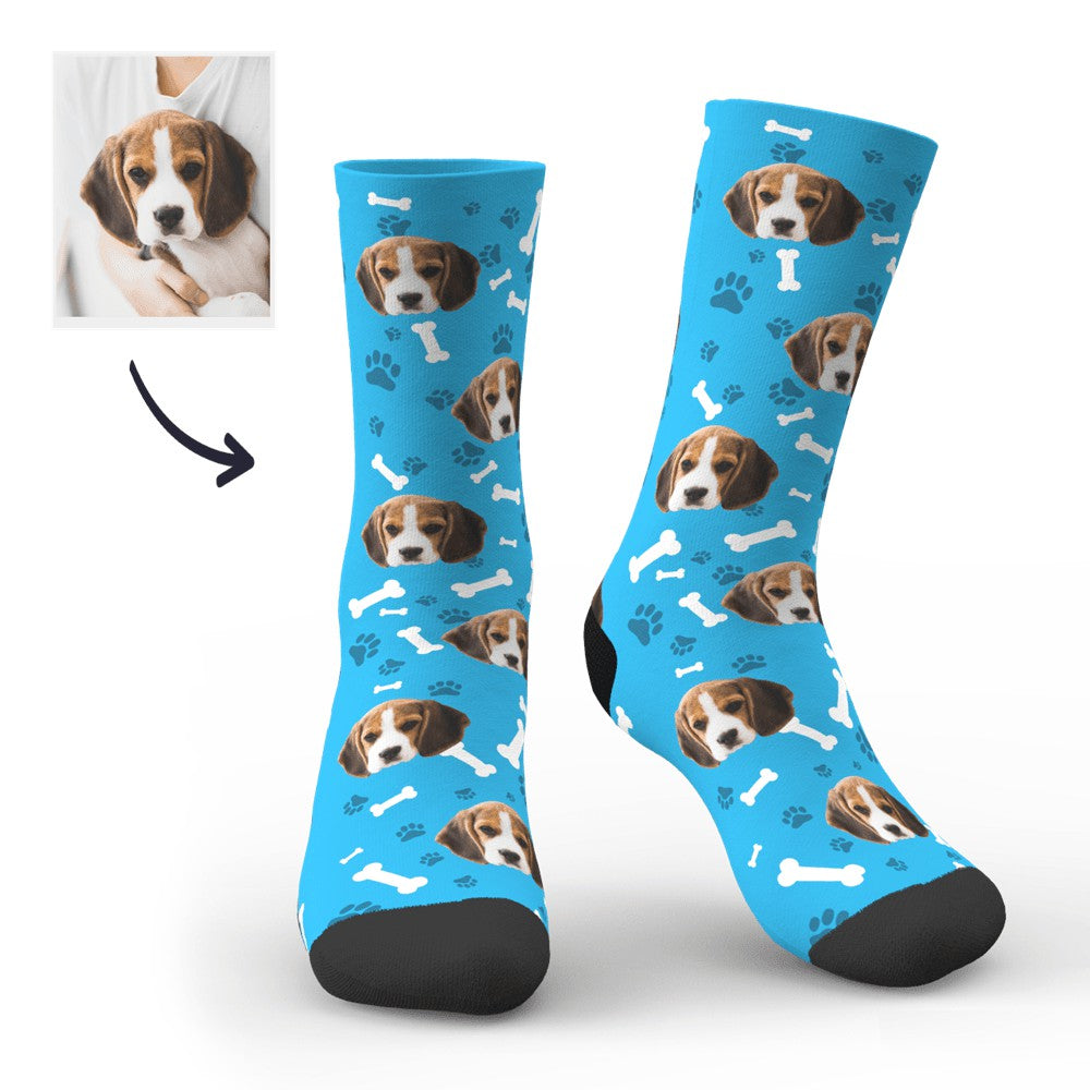 Model wearing personalised face socks to demonstrate fit and design — adult personalised novelty socks available in multiple sizes