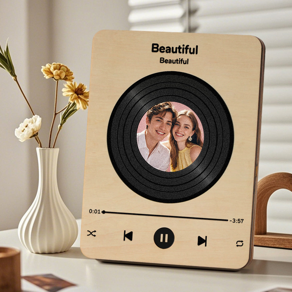 Personalised Photo Wooden Music Record Player | Unique Anniversary Gift for Couples
