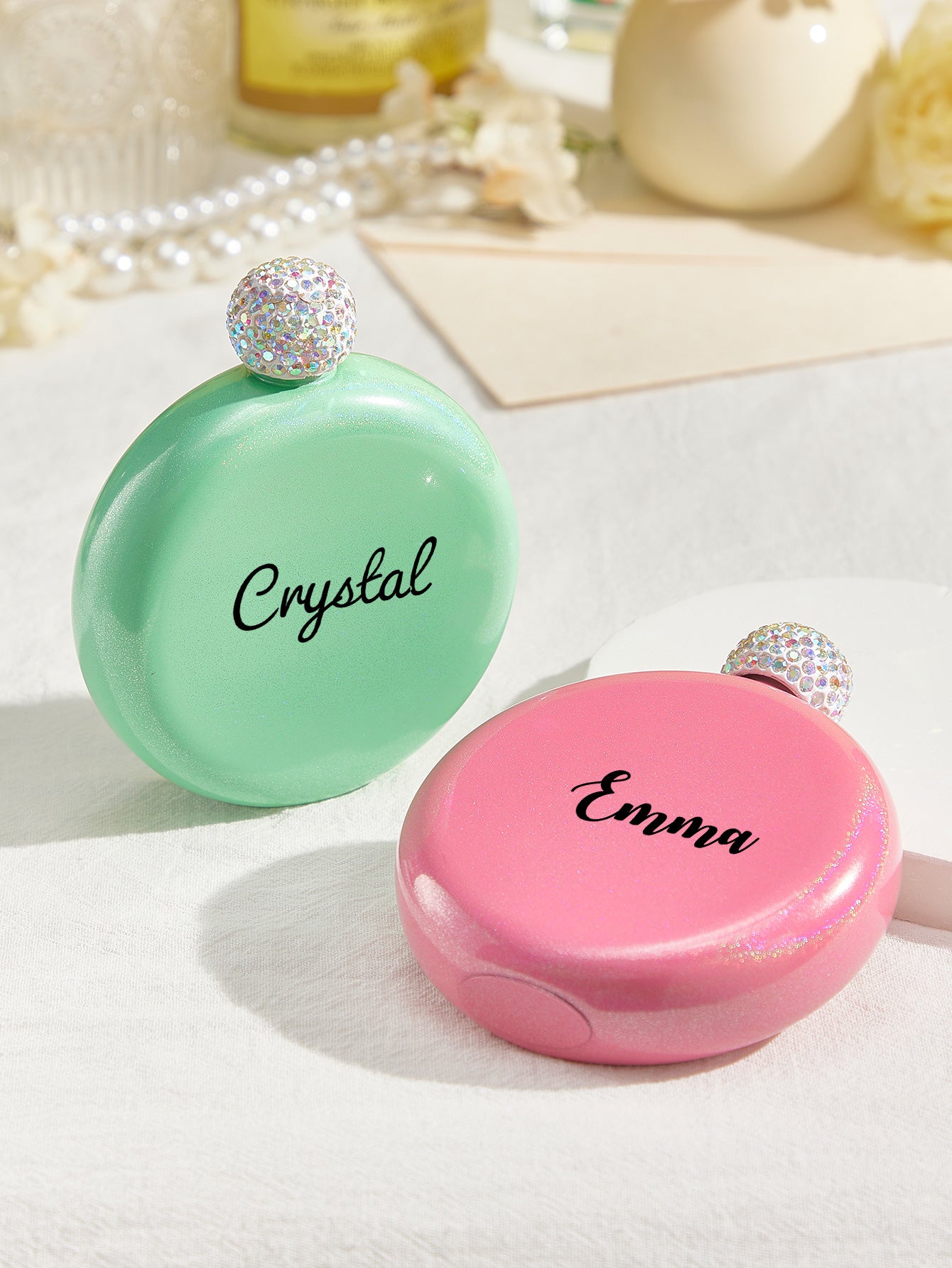 Personalised Round 5oz Glitter Flask with Name Engraving - Unique Birthday Gift for Her