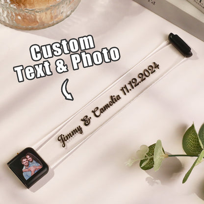 Close-up of customisable photo panel on LED glow bracelet highlighting high-resolution engraving and durable ABS and TPU construction