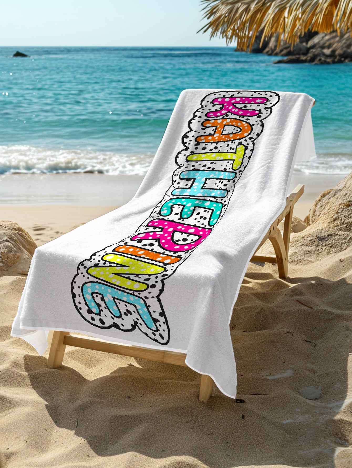 Personalized Dalmatian Dots Beach Towel with Rainbow Name Summer Vacation Bridesmaid Party Gift for Her