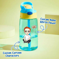 Personalized Cartoon Birth Flower Water Bottle with Straw 16oz Water Bottle Gift for Kids