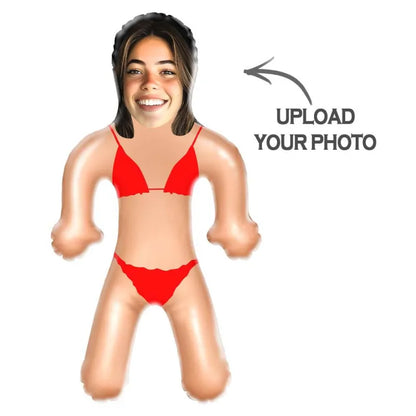 Close-up of the custom photo inflatable doll showing facial features and high-quality print on PVC material.