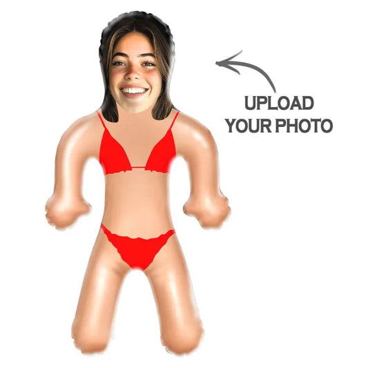 Close-up of the custom photo inflatable doll showing facial features and high-quality print on PVC material.