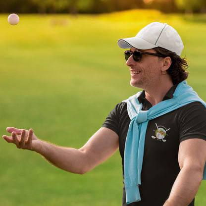 Black men's personalised golf polo displayed on a mannequin with classic lapel collar — custom golf polo, personalised men's polo shirt