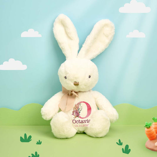 Personalised bunny rabbit plush toy with custom name embroidered on tummy, soft plush keepsake for babies and nurseries