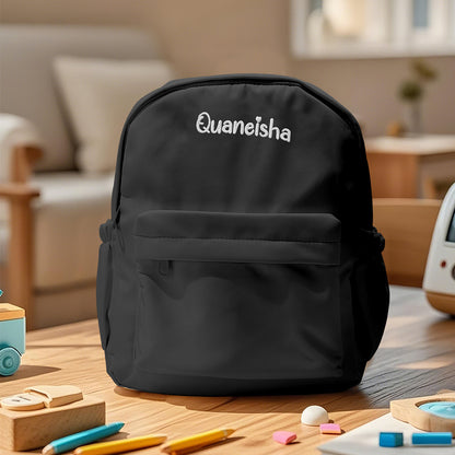 Back view highlighting padded adjustable straps and sturdy Oxford fabric on this personalised name backpack for children