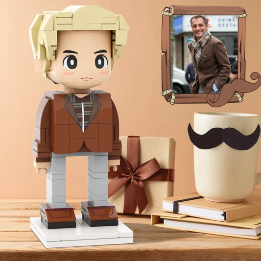 Custom full-body personalised brick figure of a man front view in light nougat skin tone, personalised hairstyle and outfit, ideal personalised photo gift for dad, grandpa or husband