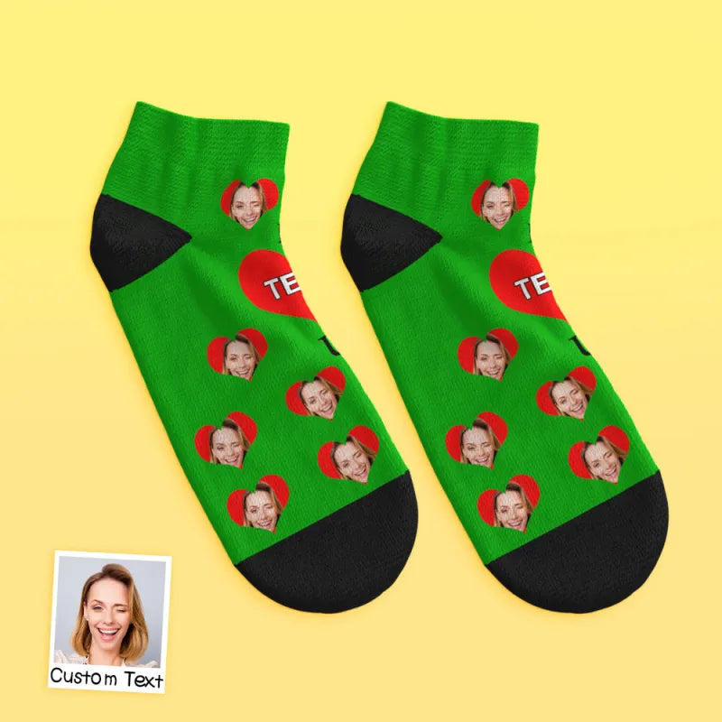 Folded custom face ankle socks with bright personalised print, ideal personalised gift for Mum on birthdays