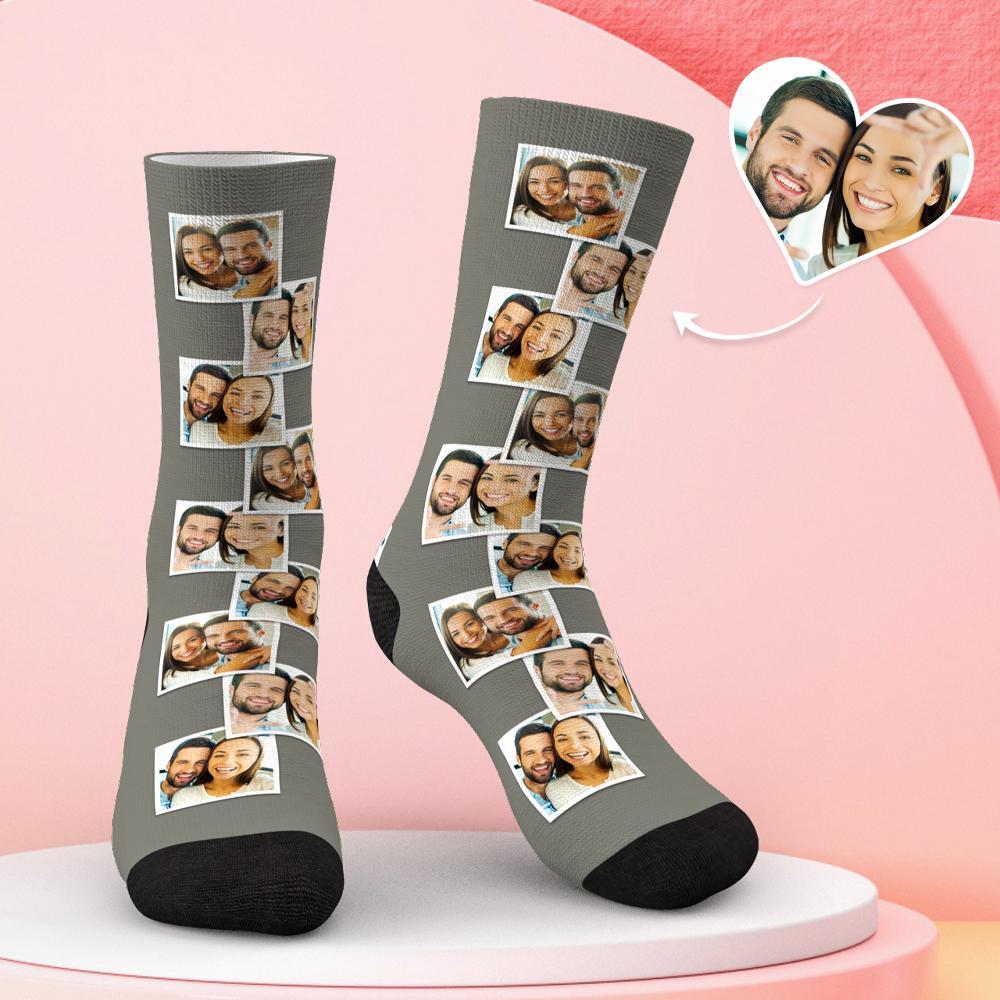 Full-length personalised multi-photo socks showing continuous photo panels — unique custom photo socks gift for weddings