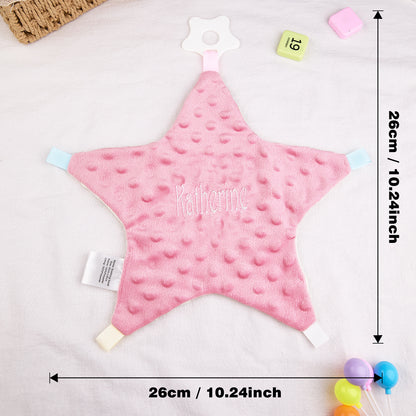 Examples of custom embroidered name fonts and thread colours on the star cotton baby comforter — personalise for newborns and first birthdays