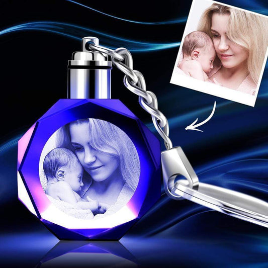 Personalised photo octagon crystal keyring with laser-engraved couple photo — elegant personalised couples gift