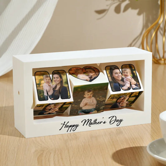 Personalised Rotating Photo Frame Cube Stand displaying six custom photos on a bedside table – 360° rotating PLA photo cube keepsake gift for Mum
