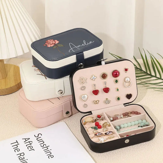 Personalised birth-flower PU leather travel jewellery box — waterproof compact jewellery organiser with custom name and floral motif