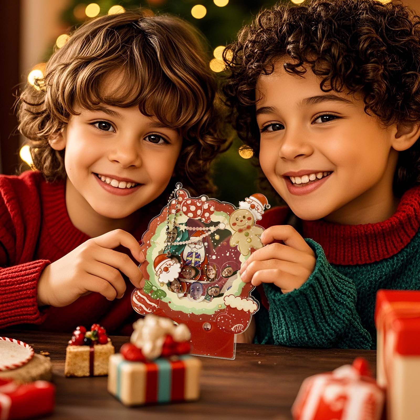 Size comparison with hand — personalised acrylic gashapon keepsake 12.6 x 12.5 cm, compact Christmas gift for kids