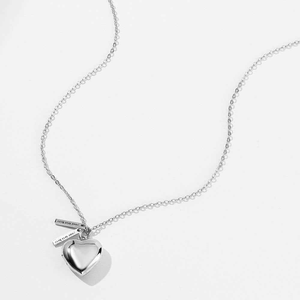 Custom Heart Photo Locket Necklace with Two Engraved Bars