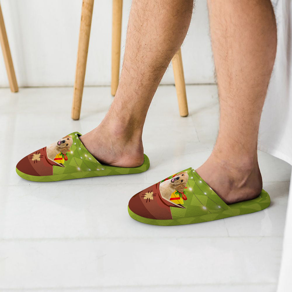 Close-up of custom photo and personalised text on cotton slippers showing high-resolution print detail — perfect personalised house shoes and custom photo slippers.