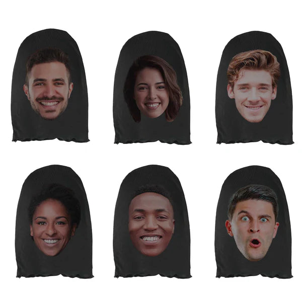 Personalised 3D face spoof mask front view showing lifelike high-detail 3D print of a face on breathable mesh stretch fabric — ideal custom cosplay and funny performance mask