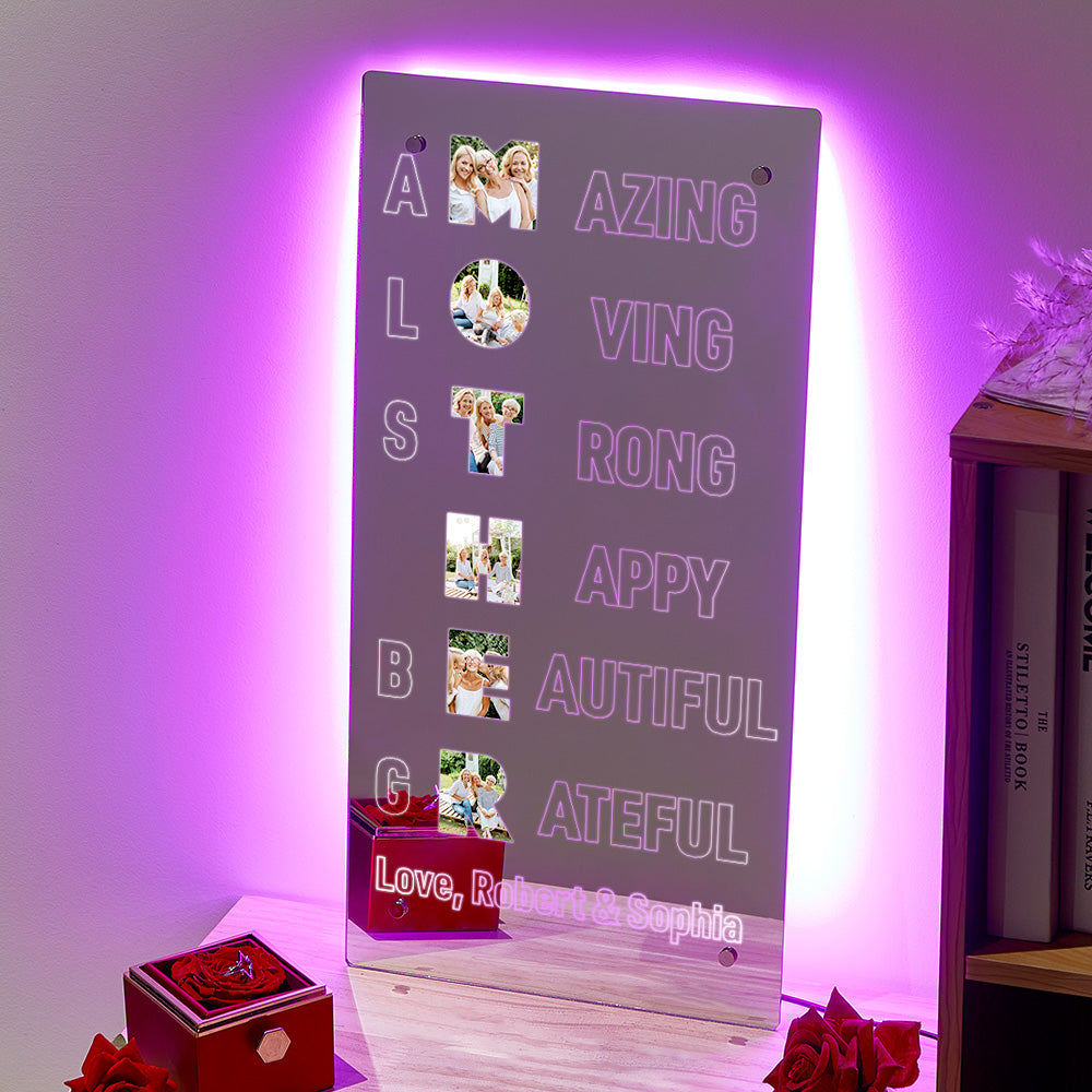 Adjustable warm LED brightness on personalised mirror light, elegant custom photo lamp for Mum