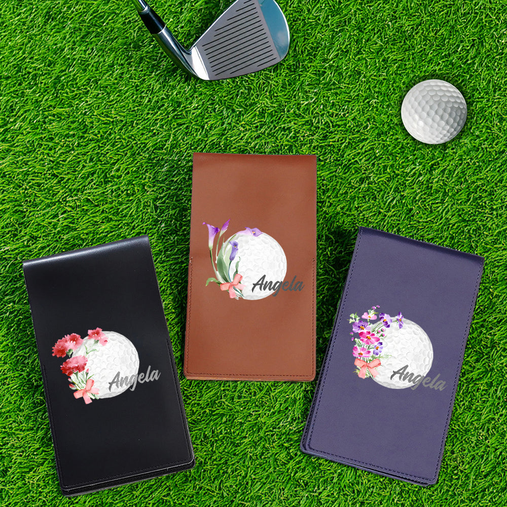Back view showing neat stitching and durable PU leather finish of personalised golf scorecard holder — long-lasting golf accessory