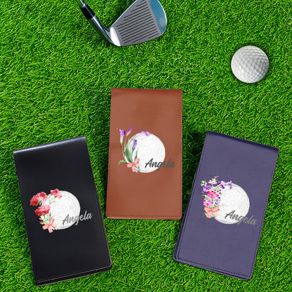 Back view showing neat stitching and durable PU leather finish of personalised golf scorecard holder — long-lasting golf accessory