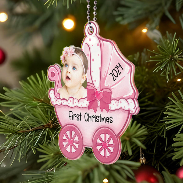 Personalised Baby Carriage Christmas Ornament with Photo - Acrylic Keepsake Gift