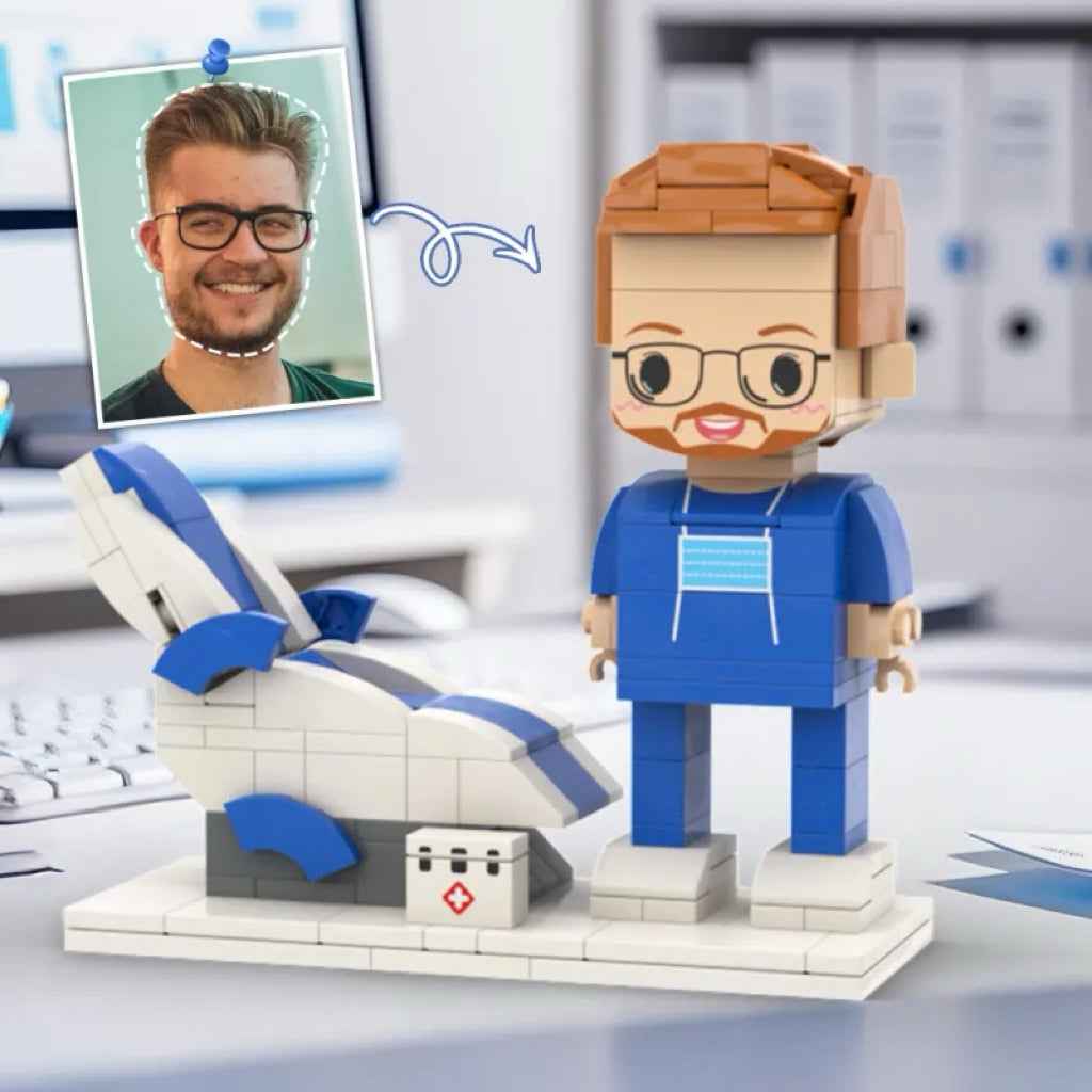 Personalized Head Custom Text Brick Figures Wearing Blue Uniform with Medical Recliner Chair Doctor's Day Gift Career Gift