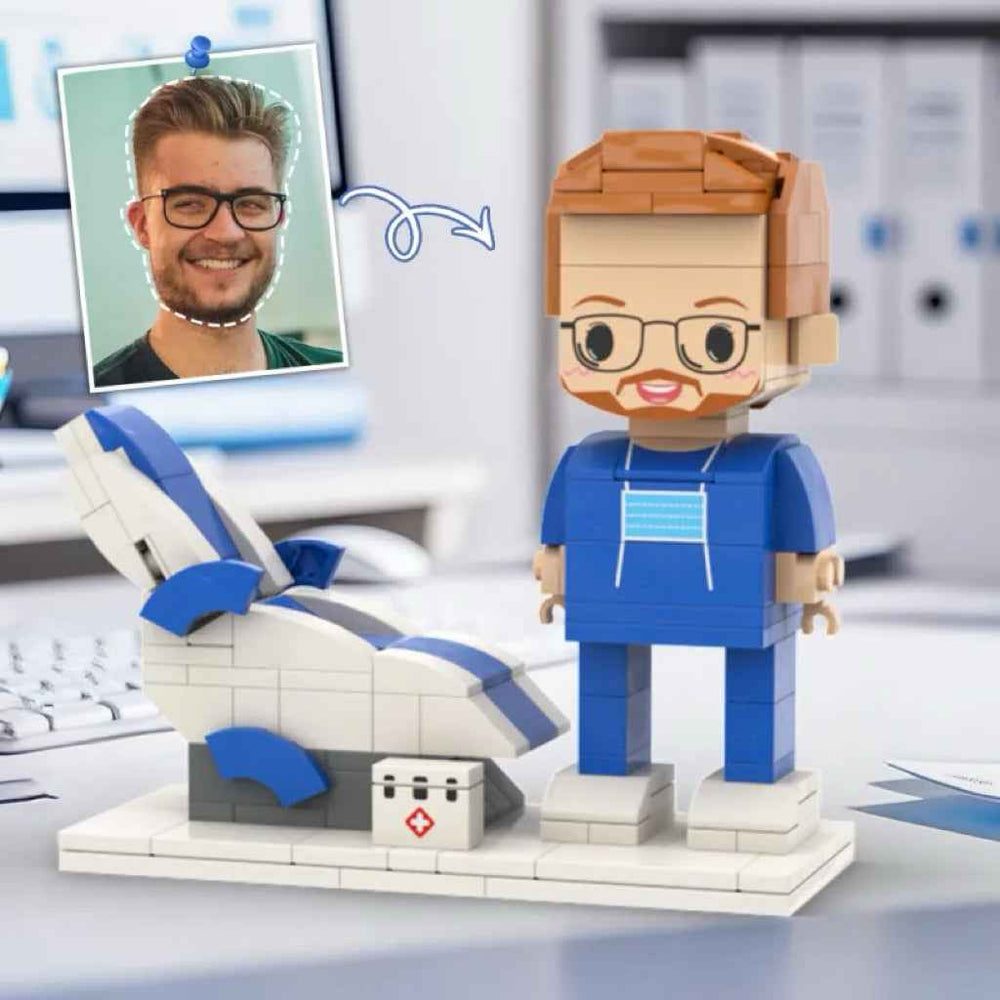 Personalized Head Custom Text Brick Figures Wearing Blue Uniform with Medical Recliner Chair Doctor's Day Gift Career Gift