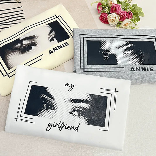 Personalised Custom Eyes tee featuring an eye sketch made from your photo on soft-feel polyester — perfect personalised photo gift for Valentine’s or a wedding.