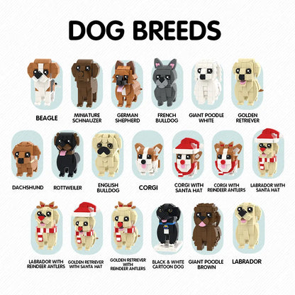 Angled view of the personalised brick dog figure with frame, highlighting vibrant colours and frame display.