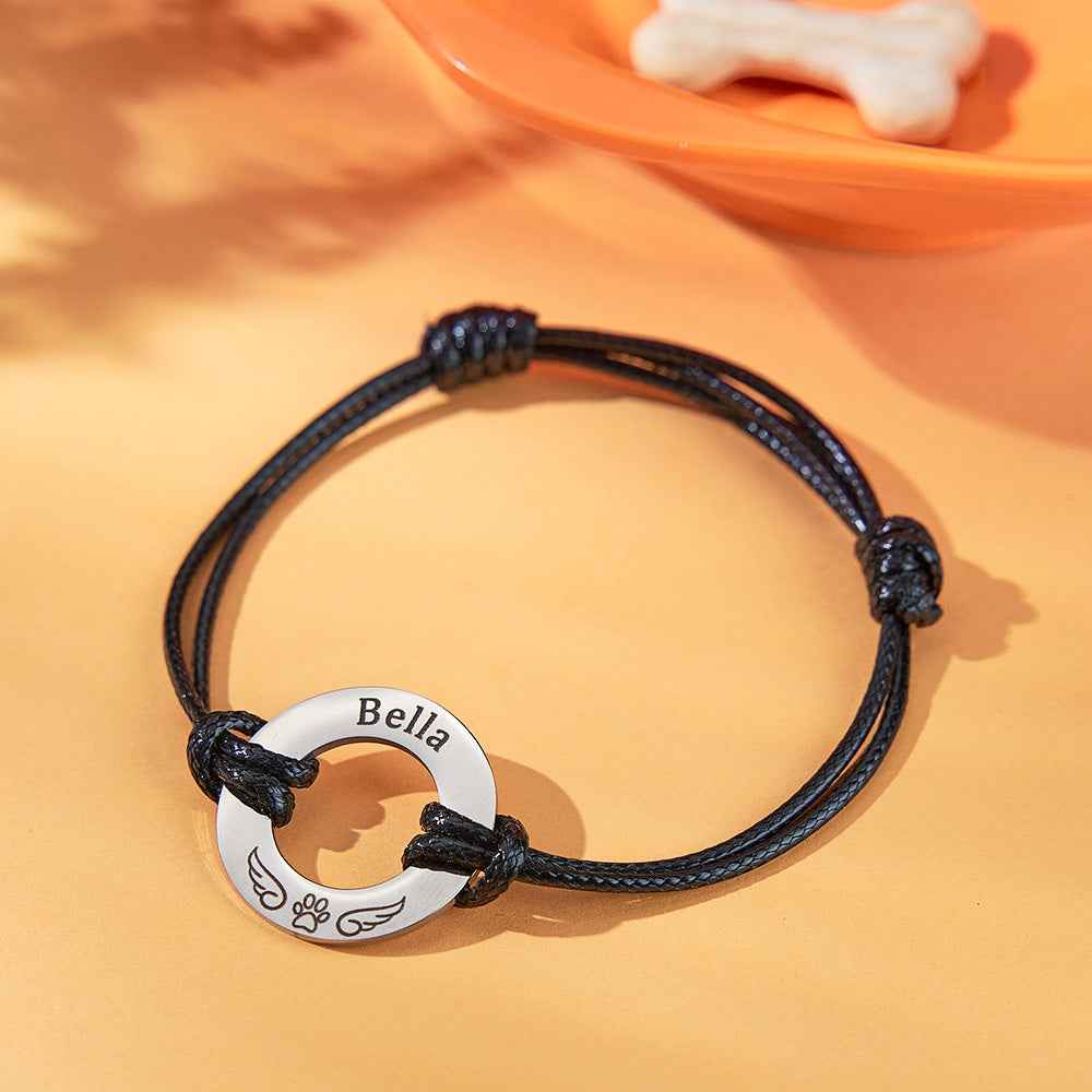 Personalized Engraved Angel Wings Pet Paw Print PU Leather Rope Bracelet Memorial Gift for Pet Lovers