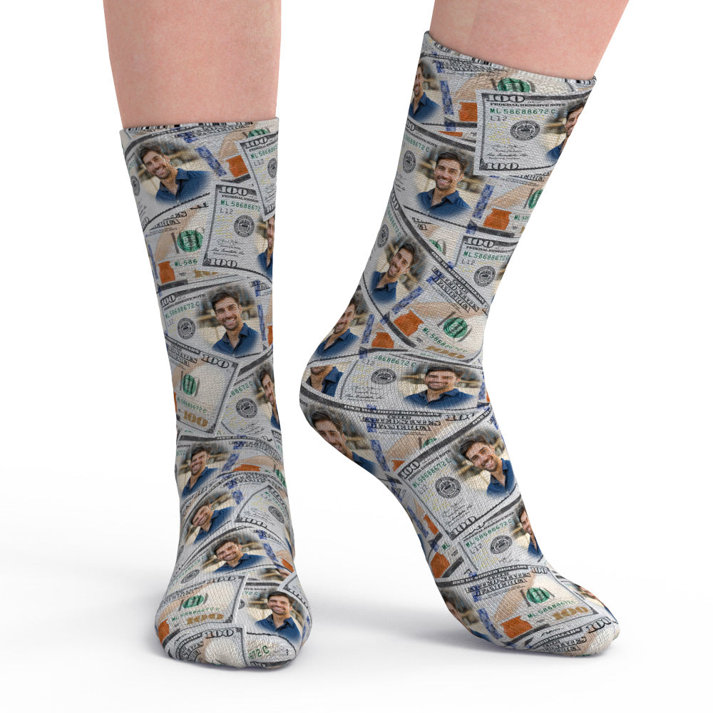 Close-up of personalised face dollar socks print showing vivid heat-transfer colours on breathable polyester blend, perfect custom photo socks Australia and novelty socks gift