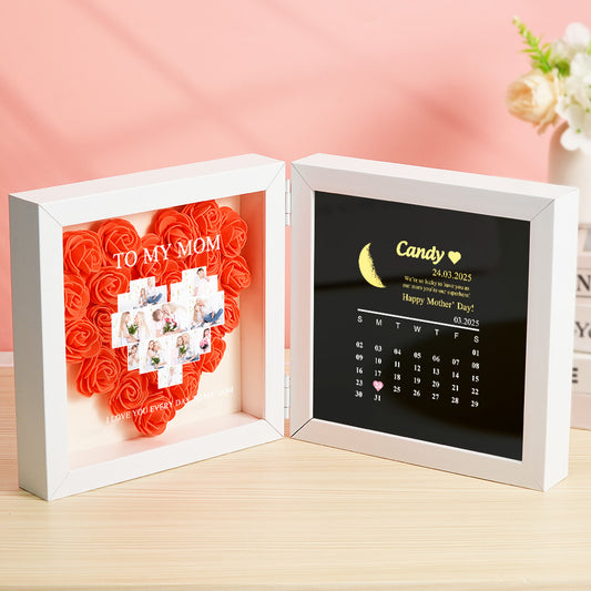 Front view of personalised flower shadow box with moon phase calendar – Mother's Day birthday gift for Mum