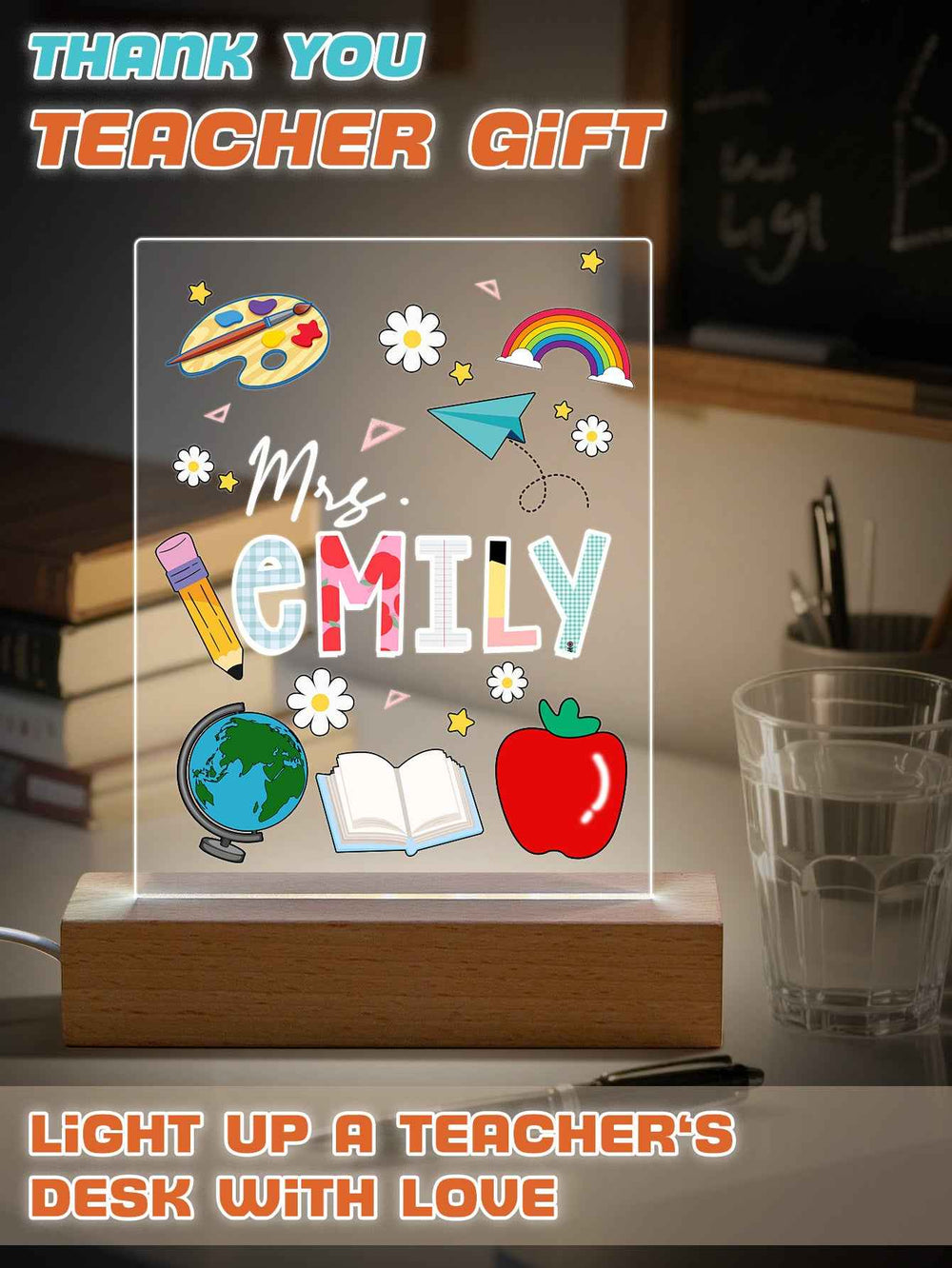 Custom Engraved Back to School Transparent Night Light with Stationery Design White Light Teacher's Day Gift