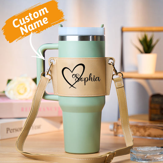Personalised PU leather water bottle carrier for 40oz Stanley tumbler with adjustable strap — stylish hands-free gift for her