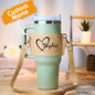 Personalised PU leather water bottle carrier for 40oz Stanley tumbler with adjustable strap — stylish hands-free gift for her
