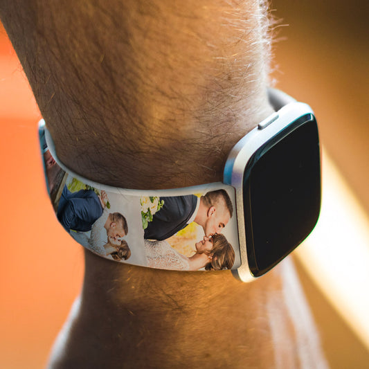 Close-up of a personalised silicone Apple Watch Band showing a printed photo collage; high-definition UV printing for bright, long-lasting colours.