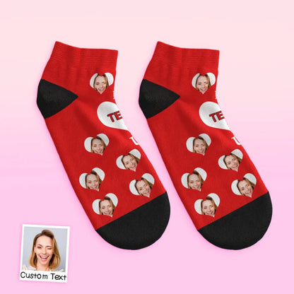 Lifestyle image of Mum wearing custom photo ankle socks with 'I Love U Mum', a funny yet touching personalised present