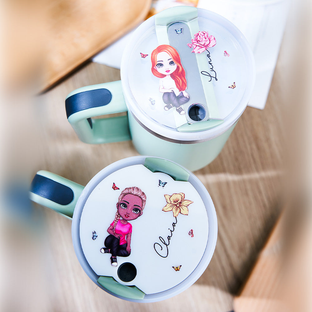 Collection of personalised Cartoon Girl birth flower acrylic toppers for 40oz Stanley tumblers — custom name tag gift ideas for her