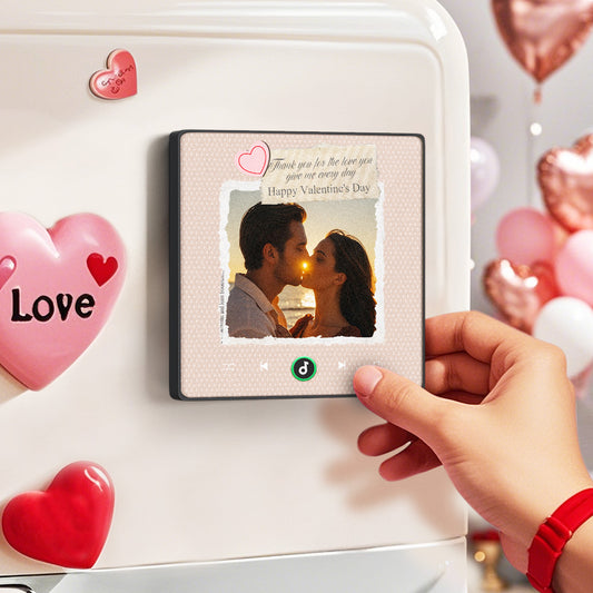 FridgeBeats Personalised Photo & Music Fridge Magnet Heart Frame 4.0 front view showing customised photo in colourful acrylic heart, 10cm personalised music magnet