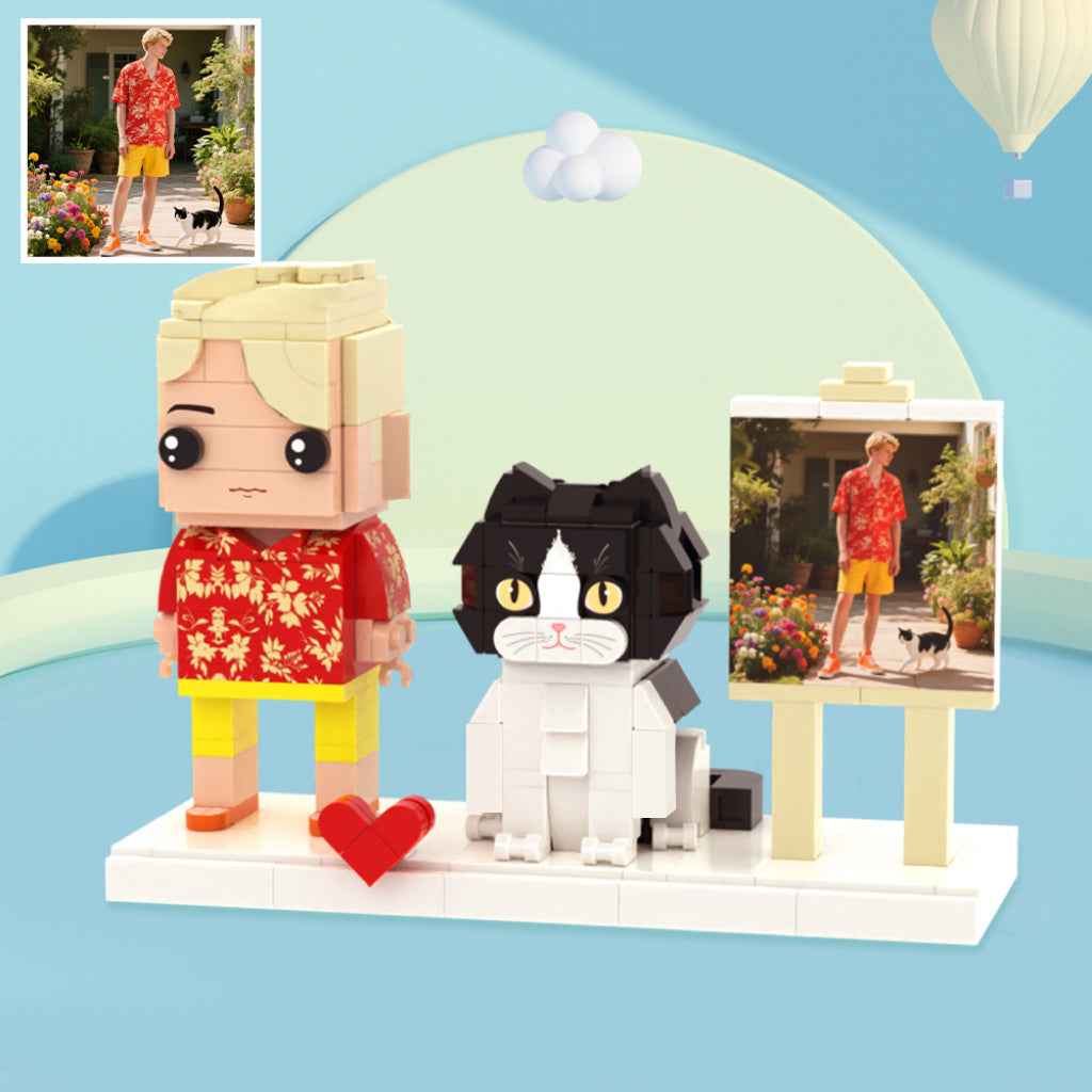 Custom Full-Body Brick Figures of 1 Person and Cat with Frame Personalized Anniversary Gift Birthday Gift
