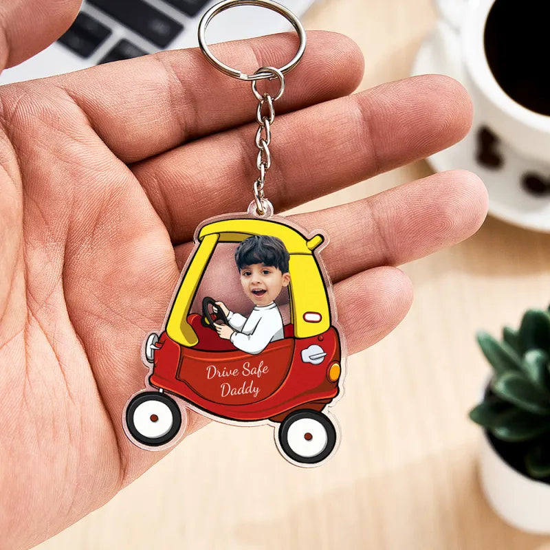 Personalised Drive Safe keyring for Dad — Style A single-child acrylic silhouette keychain, perfect personalised Father's Day present