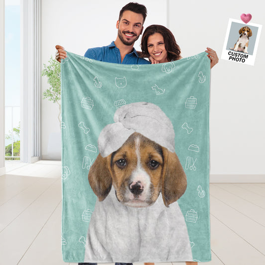 Personalised pet blanket laid on a sofa featuring a custom photo of a dog in a bathrobe — ultra-soft flannel photo pet blanket, perfect personalised photo gift