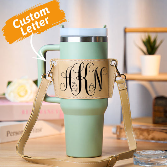 Personalised monogram PU leather water bottle carrier for 40oz Stanley tumbler with adjustable strap for hands-free crossbody wear