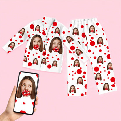 Unisex long-sleeve modal pyjamas set with personalised face photo and red lips heart all-over print — button-through top with lapel collar and matching elasticated-waist trousers, ideal personalised photo gift and matching couple pyjamas.