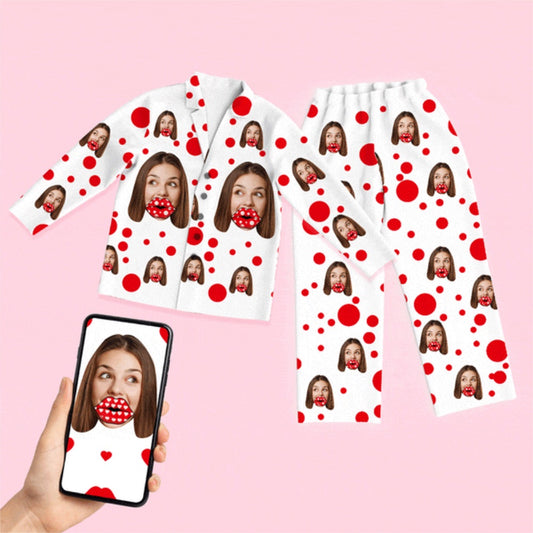 Unisex long-sleeve modal pyjamas set with personalised face photo and red lips heart all-over print — button-through top with lapel collar and matching elasticated-waist trousers, ideal personalised photo gift and matching couple pyjamas.