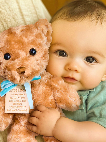 Personalised embroidered teddy displayed in a nursery setting — soft plush newborn keepsake and baby shower gift