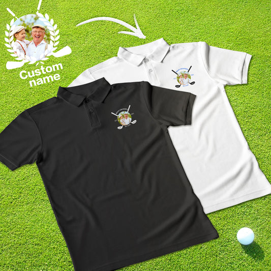 Front view of men's personalised golf polo in white with custom printed photo and name on the chest — personalised photo polo, custom golf shirt