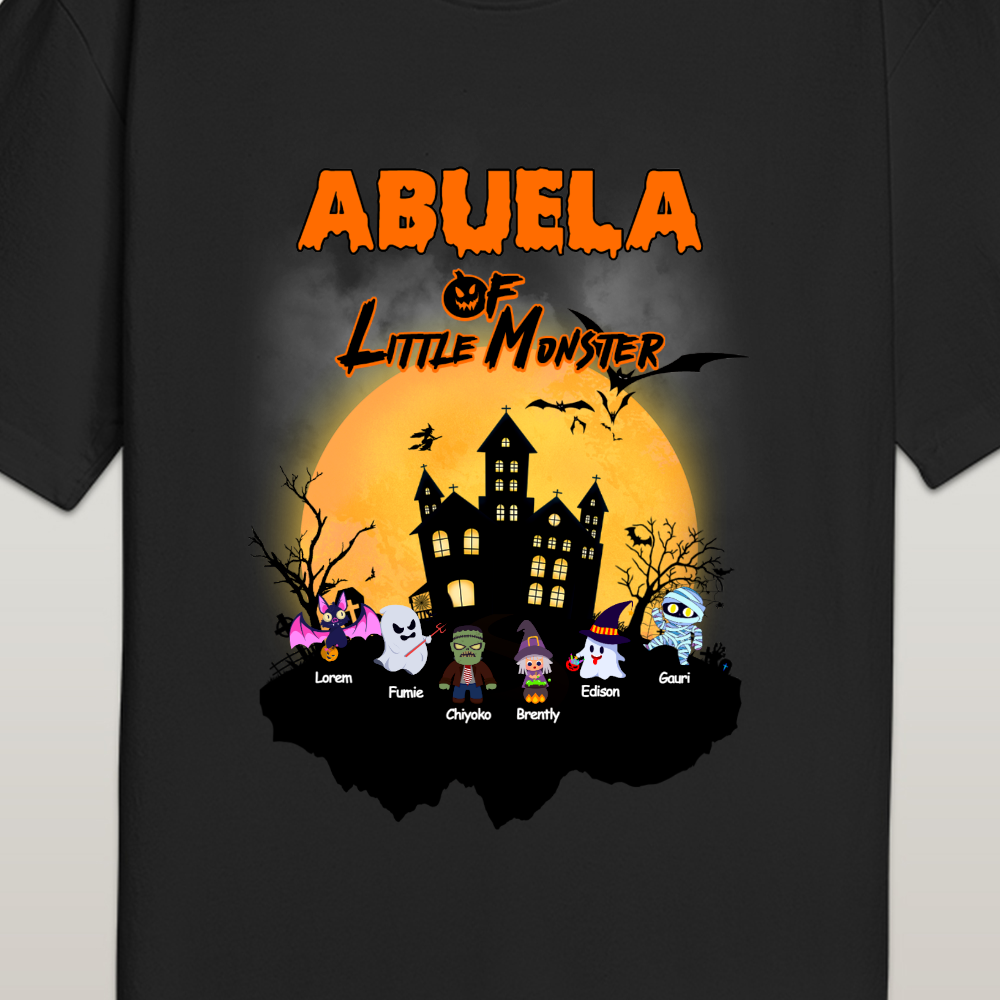Black personalised Halloween T-shirt mockup with custom family photo – premium cotton customised T-shirt, perfect Halloween gift for parents