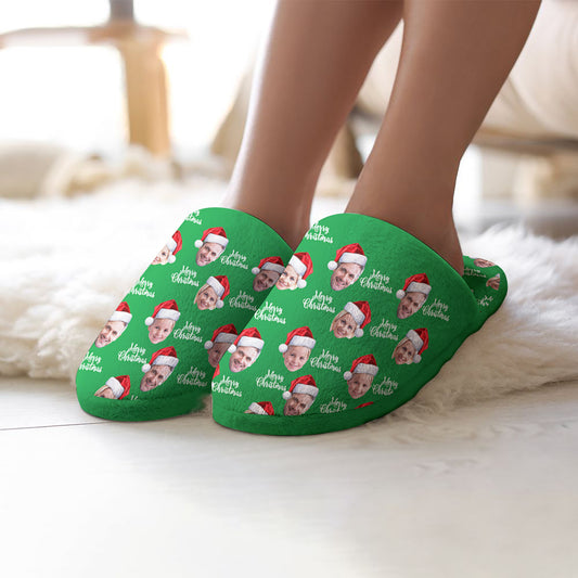 Personalised green Christmas slippers with custom photo — unisex cotton house slippers with flannel upper and non-slip TPR sole